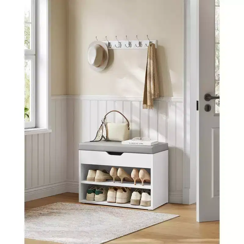 Shoe Bench with Cushioned Seat and 3 Storage Compartments, Sturdy Entryway Organizer, 11.8 x 23.6 x 17.3 Inches