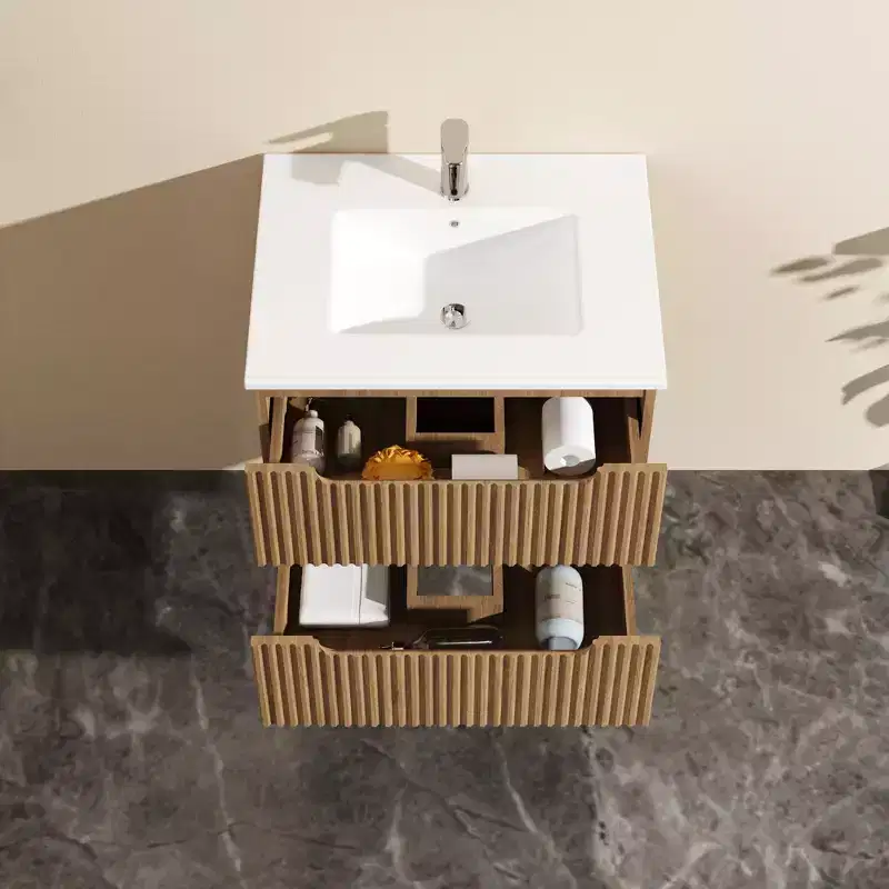 24 Inch Wall-Mount Bathroom Vanity Cabinet with White Basin Sink Combo Floating, Walnut