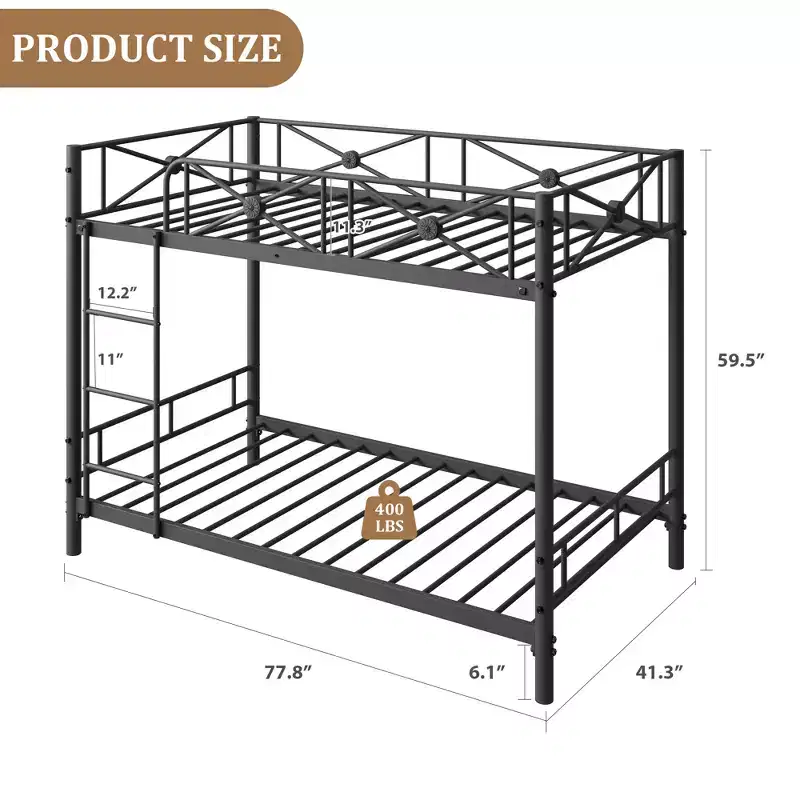 Heavy Duty Twin Over Twin Metal Bunk Bed  Industrial Loft Design  Safety Guard Rails  Space-Saving Steel Frame for Kids Bedroom