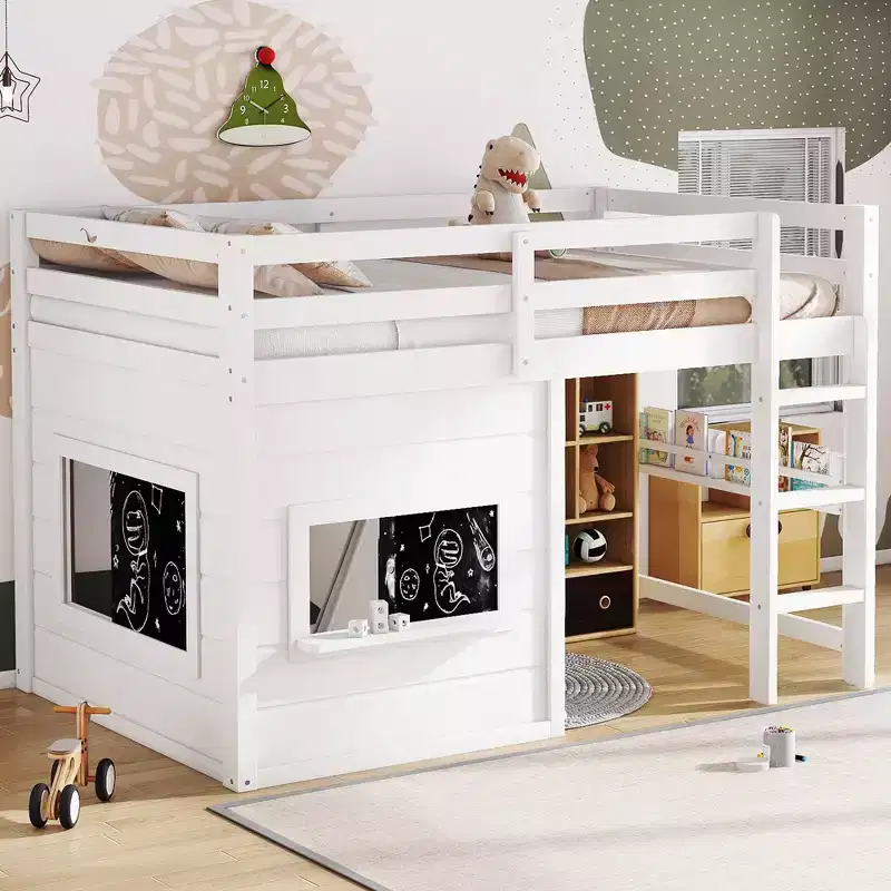 Kids Loft House Bed with Chalkboard | Twin/Full Wood Bed Frame with Play Space & Built-in Bookshelf | Cabin-Style Bunk for Boys & Girls