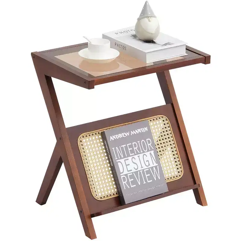 VEVOR Rattan Coffee Table, Z-Shaped Rattan Woven Bamboo Coffee Table with Tempered Glass Top, 20 Modern Boho Storage Coffee Table with Bamboo Legs