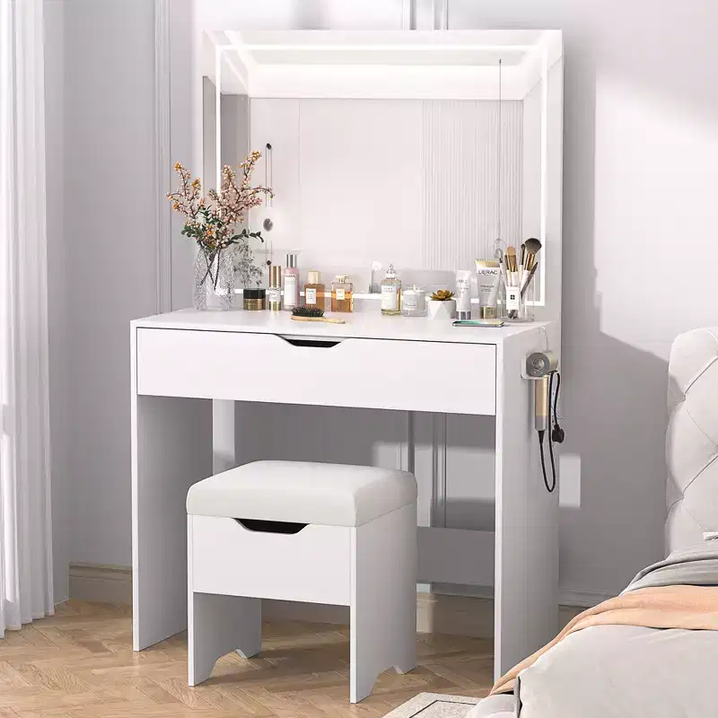 VECELO Vanity Desk Set with LED Lighted Mirror & Power Outlet, Makeup Table with Large Drawer, Storage Stool and Hair Dryer Stand for Bedroom, White