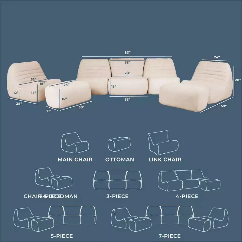 Big Joe Solvana Outdoor Patio Furniture Set, Performance Linen Weather-Resistant Fabric Sofa, 7 Piece Sectional, Sunlit Cream