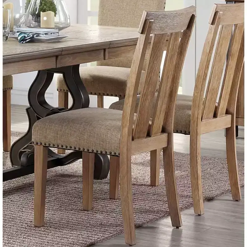 Set of 2 Fabric & Wood Dining Side Chairs with Nailhead Trim, Maple Finish