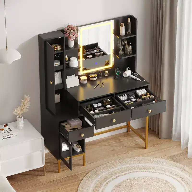YESFASHION Makeup Vanity with Lights, Vanity Desk with Stool, Modern Dressing Table, 3 Drawers, Cabinet Open Shelves for Bedroom