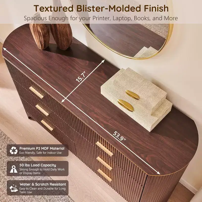 6 Drawer Dresser for Bedroom, 53.9 Wide Drawers with Gold Handles, Curved Profile, Wood Storage Dressers Organizer for Living Room