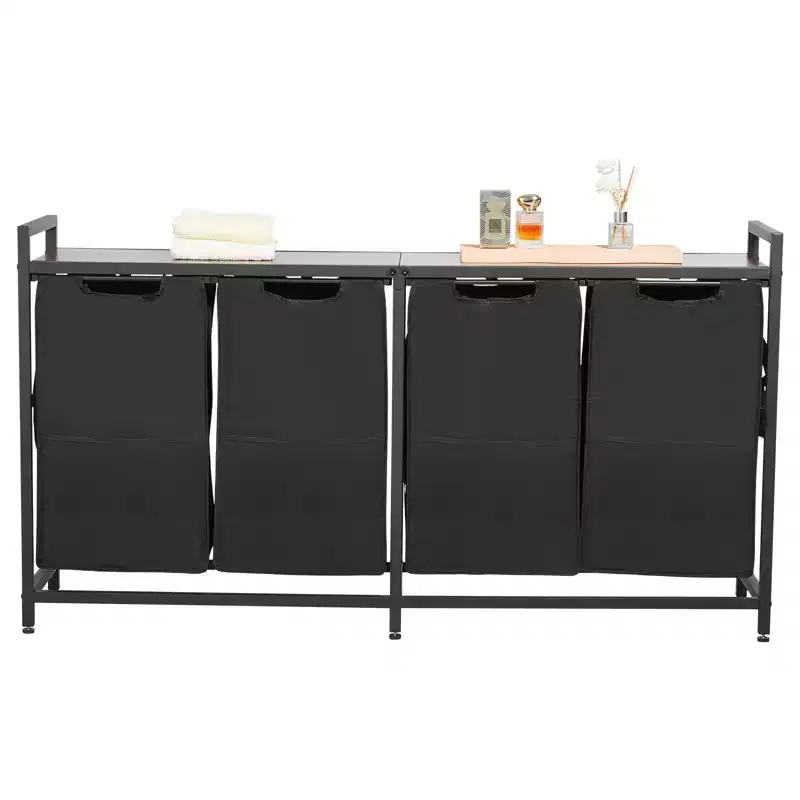 VEVOR 4 Section Laundry Sorter, Large Laundry Hamper with Metal Frame and Wooden Tabletop, Freestanding Storage Organizer Baskets, Black
