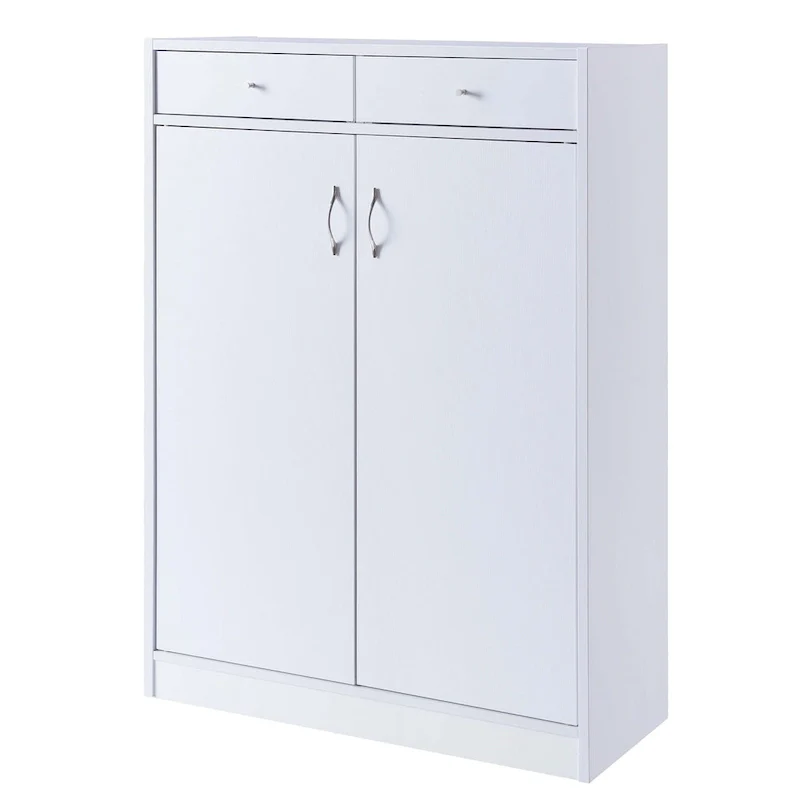 2-Door Shoe Cabinet with 2 Drawers & 5 Shelves – White, Wood Top, Holds up to 15 Pairs