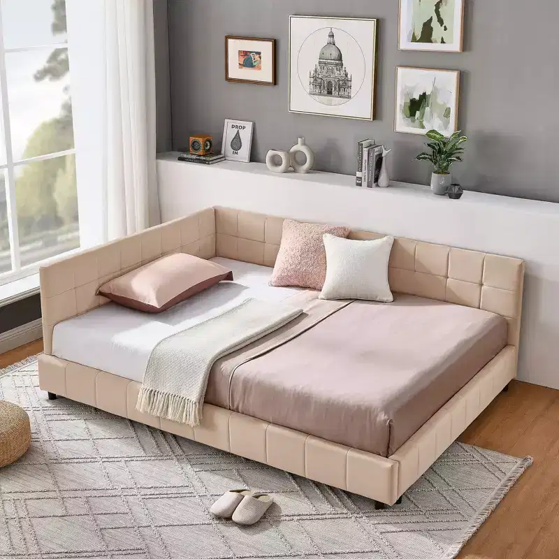 Okak Full Size Upholstered Tufted Bed Frame, Sofa Bed Frame with Comfortable Backrest and Armrests, Full Size Bed for Bedroom, Living Room, Pink