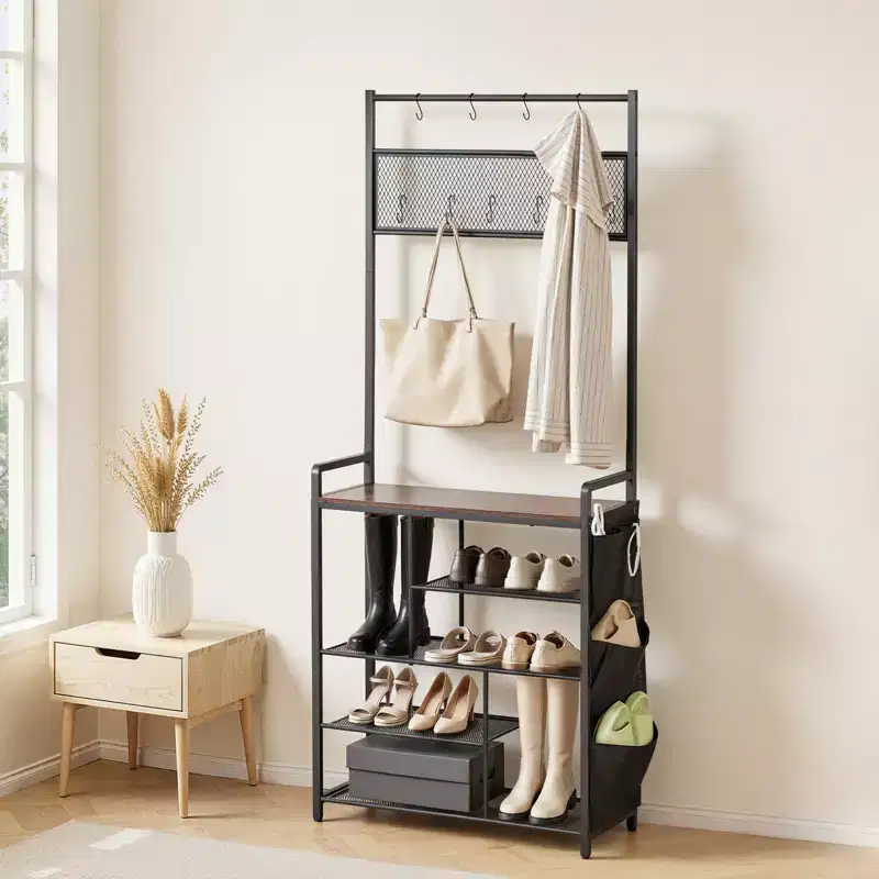 Hall Tree, 70.9 in Coat Rack with Shoe Storage, Freestanding 4-Tier Shoe Rack Organizer with Hooks, Side Pocket and Wire Shelf, Brown & Black