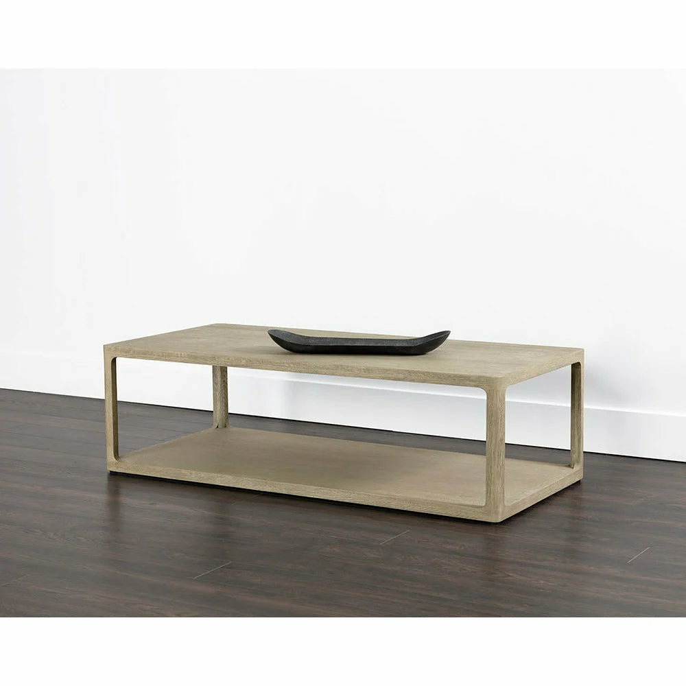 Contemporary Smoke Grey Oak Veneer Coffee Table with Lower Shelf & Clean-Line Frame for Living Room
