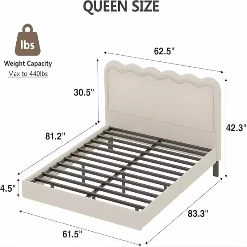 Queen Size Boucle Bed Frame with LED Lights, Floating Platform Bed with Waved Headboard, Sturdy Metal Frame, Noise-Free, Beige