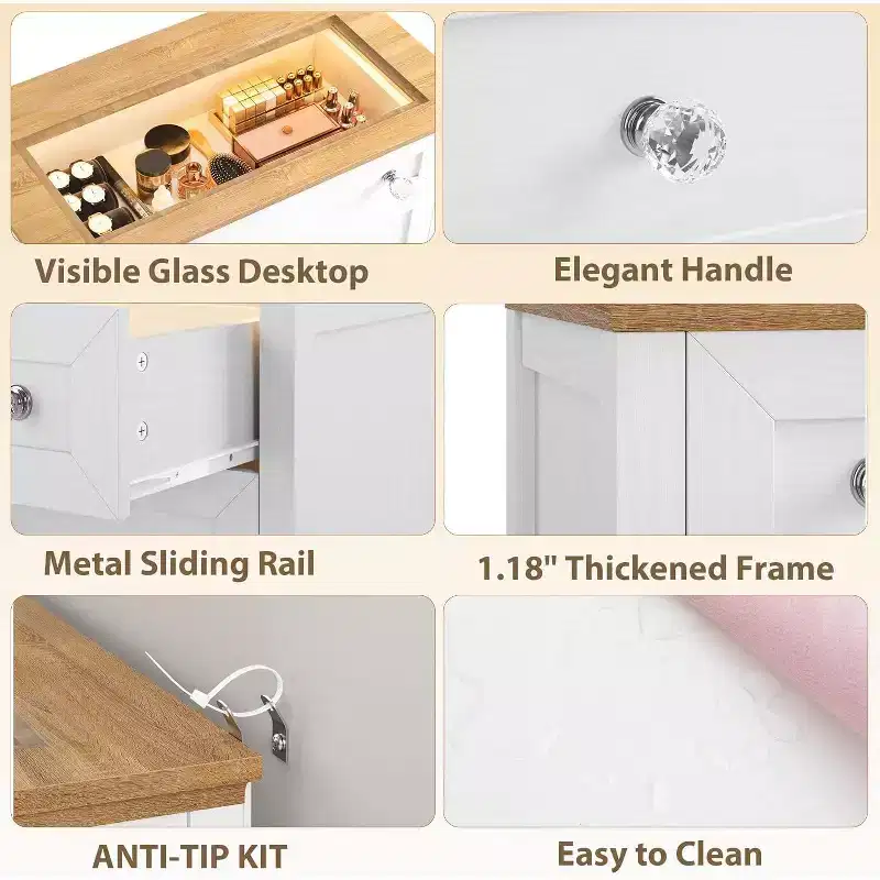 4 Drawer Nightstand Cabinet with Glass Top, Modern Dresser for Bedroom, Living Room, Entryway