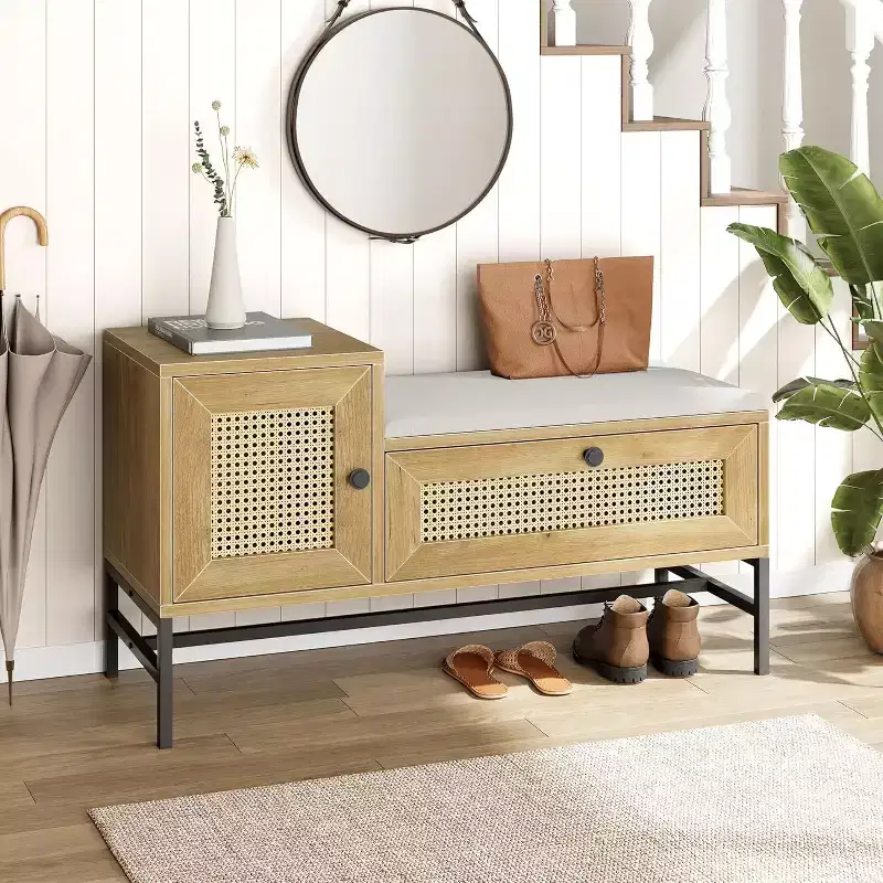Rattan Shoe Bench with Storage Drawer and Linen Cushion, Wooden Entryway and Bedroom Bench, Natural Oak Finish
