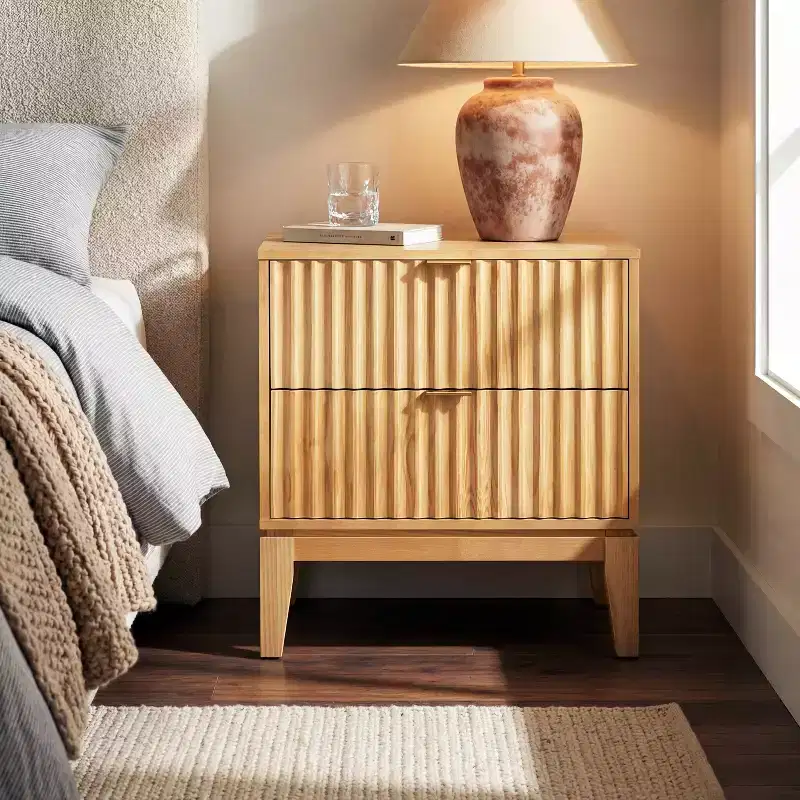 Modern Fluted Wood Nightstand with 2 Drawers