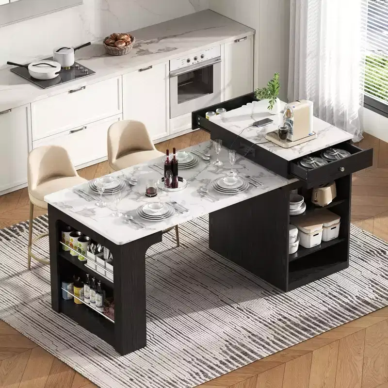 Okak Kitchen Island with Extendable Table, Kitchen Island Table with Double-Sided Storage and Power Outlet, Kitchen Cart for Dining Room
