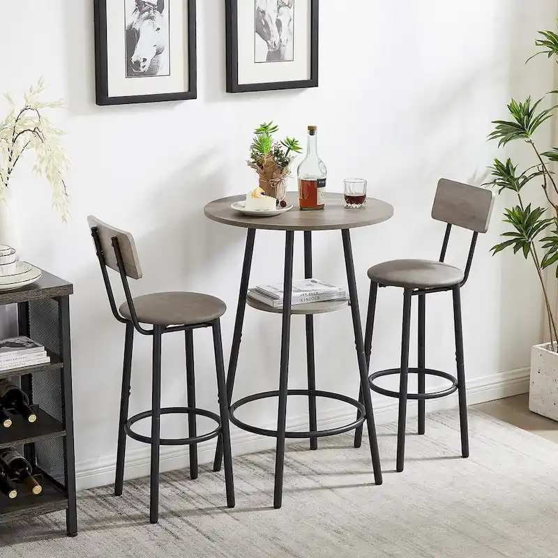 Grondin Industrial Style 3-Piece Round Bistro Pub Table Set with 2 PU Leather Bar Stools and Shelf, Counter Height Bar Table Set