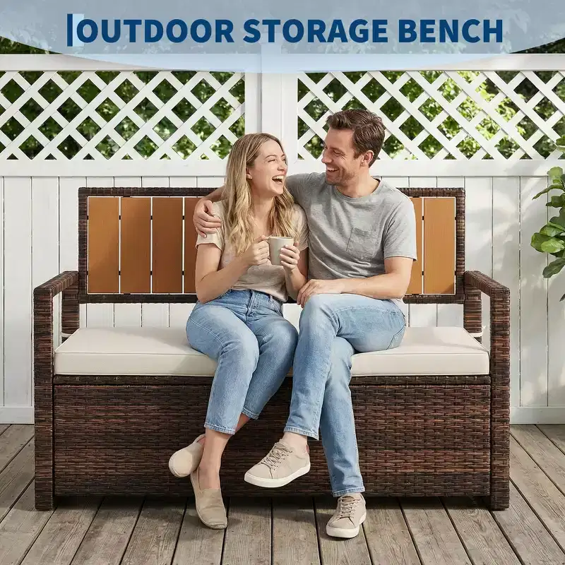 2-Person Outdoor Storage Bench with Cushion, Waterproof PE Rattan Deck Box with Backrest & Armrests, Metal Frame