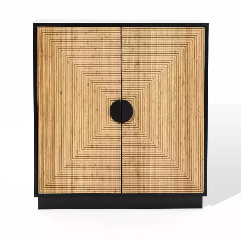 LuxenHome Modern Boho 2-Door Black Accent Cabinet with Bamboo Strips Brown
