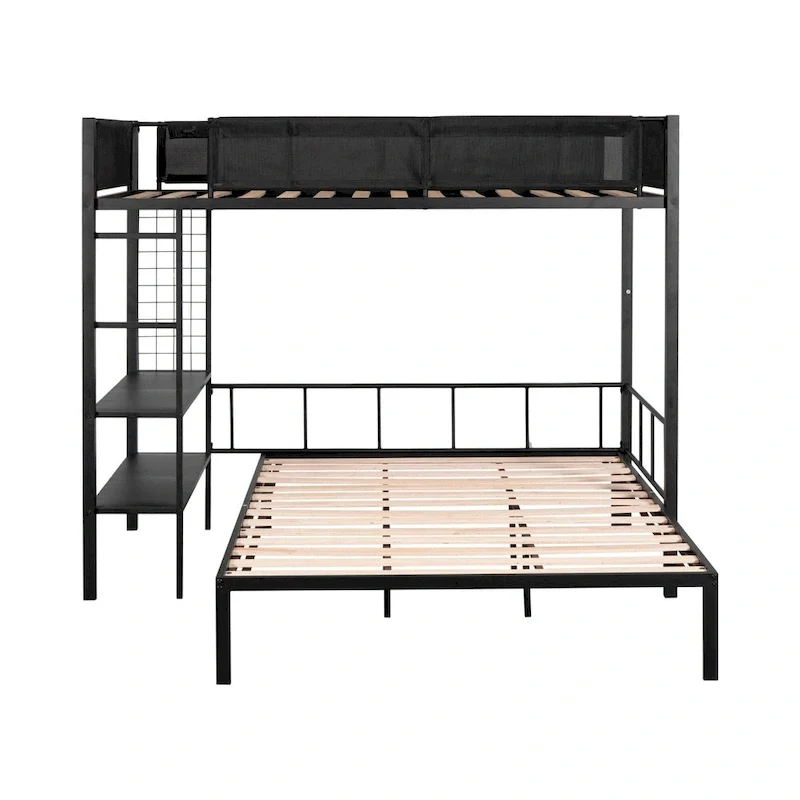 Twin over Full Bunk Bed with Shelves, Grid Panel and Separated Bottom Bed