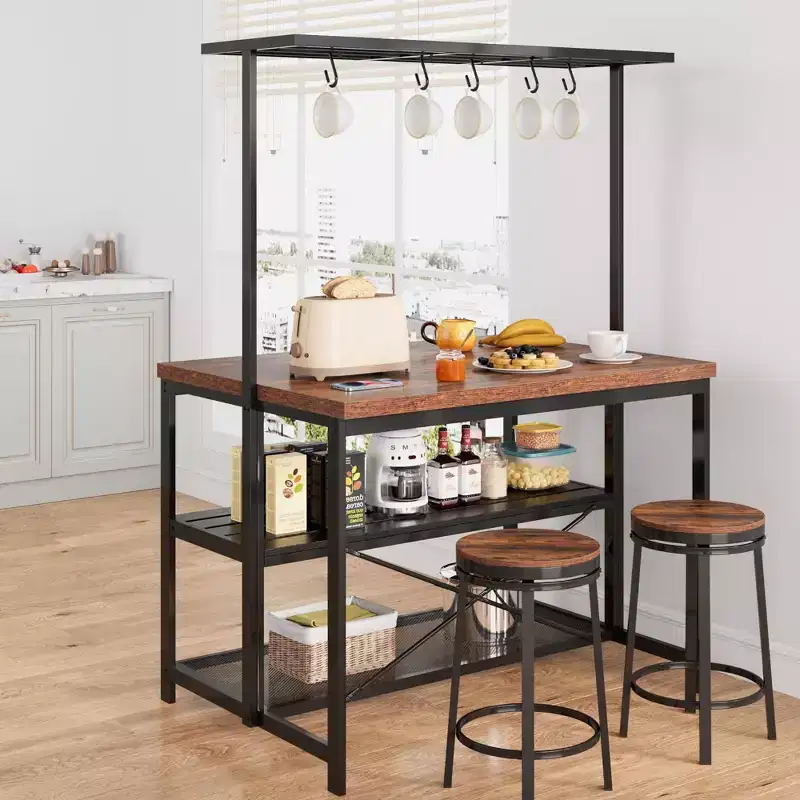 Kitchen Island, 3-Tier Kitchen Island Table, Farmhouse Microwave Stand with Storage, Metal Frame Bakers Rack for Dining Room