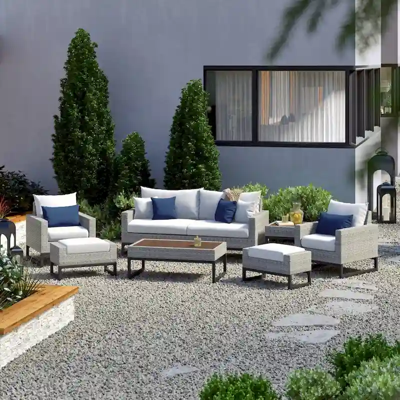 Milo Gray 7 Piece Sunbrella Outdoor Patio Deep Seating Set with Table