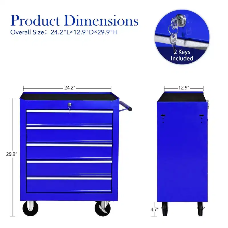 5-Drawer Rolling Tool Chest with Wheels, Heavy Duty Lockable Tool Storage Cabinet Organizer for Garage, Workshop & Warehouse