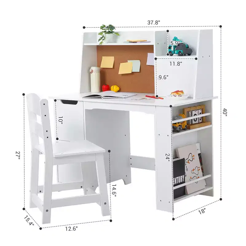 COZONY Kids Desk and Chair Set, Wooden Study Table with Storage Shelf & Bulletin Board, Child Learning and Writing Desk