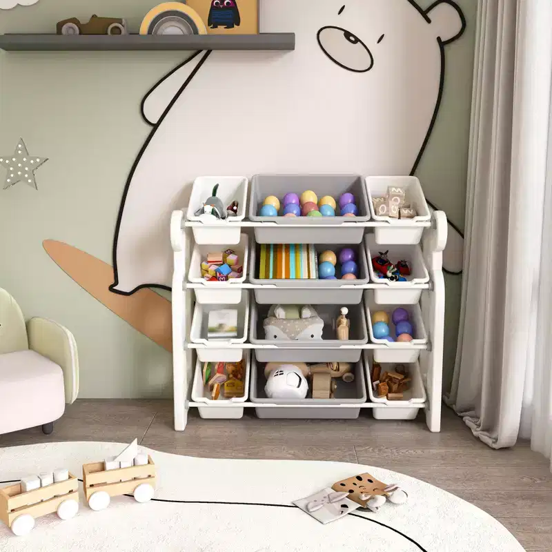 Kids Toy Storage Organizer with 12 Bins, Multifunctional Nursery Furniture Set with HDPE Shelves (Grey-White)