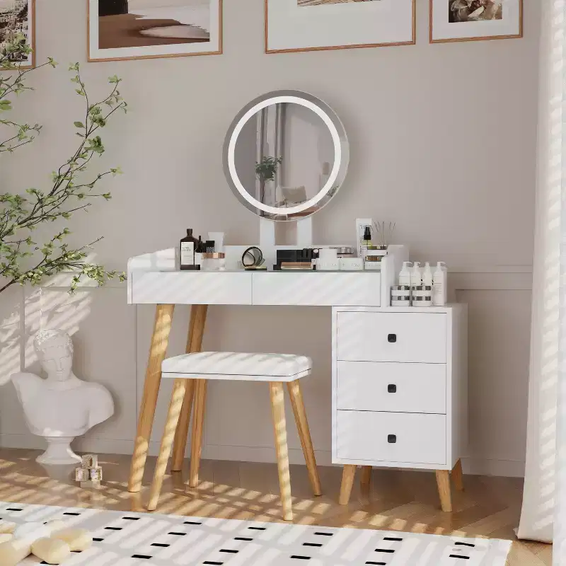 Okak Modern Vanity Desk with LED Mirror, Makeup Vanity with Extendable Design and 1 Stool, Girls Vanity for Bedroom, Living Room, White