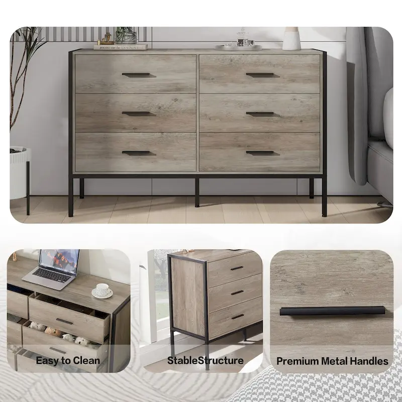 Wood Dresser with 6 Drawers, Solid Clothes Cabinet with Sturdy Steel Frame, 48.58W15.75D31.22H, 48 inch, Rustic Grey