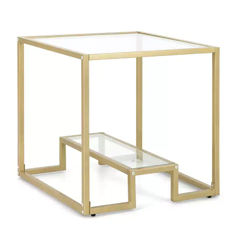 Costway 22'' 2-Tier Sofa Side Table Square Metal Frame for Living Room Bedroom Bronze