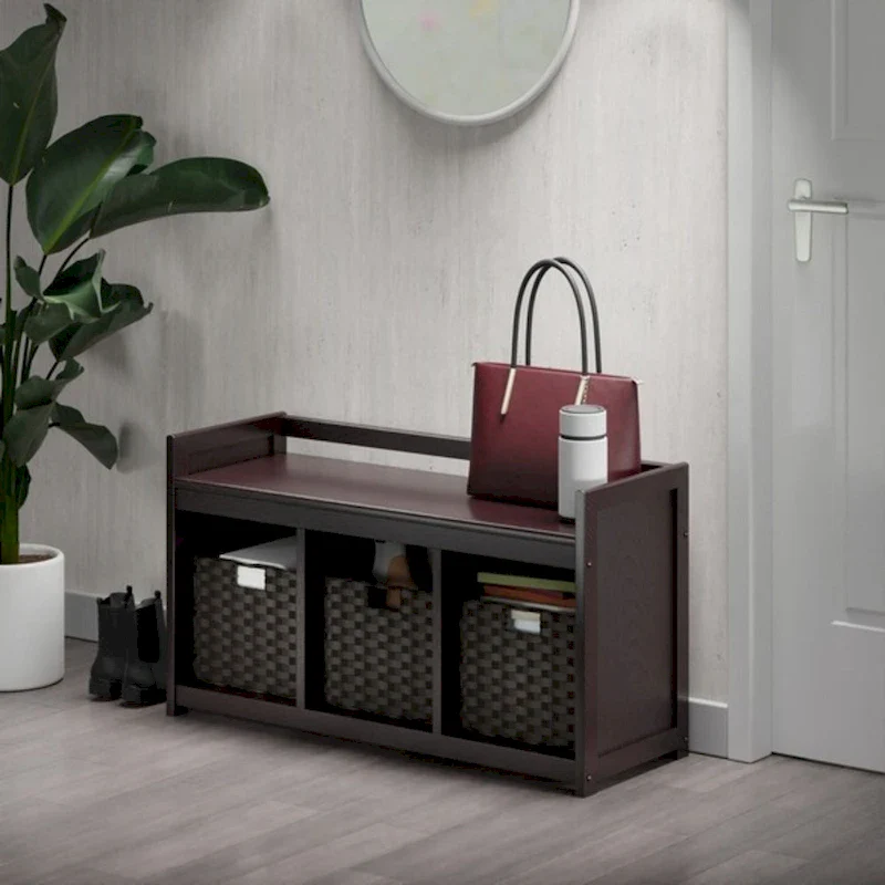 Storage Bench with 3 Foldable Woven Baskets, Espresso Chocolate