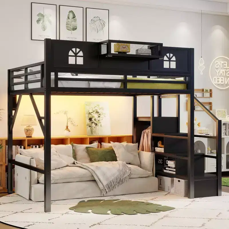 Metal Full Size Loft Bed with Stairs