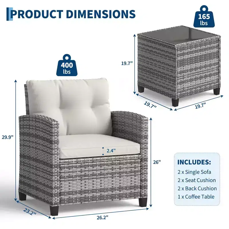 3-Piece Patio Furniture Conversation Set, All-Weather PE Rattan Wicker Chairs with Cushions & Tempered Glass Table for Balcony, Porch and Garden