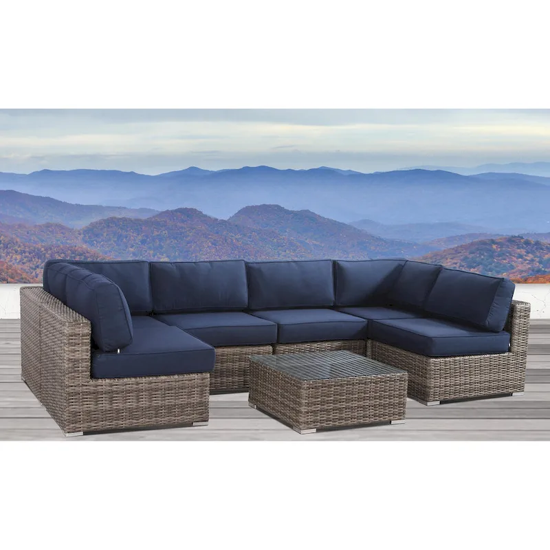 Resort Grade Set 7 Piece Rattan Sunbrella Sectional Seating Group