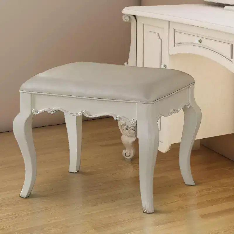 Royal Hampton Style Wood and Leatherette Vanity Stool with Padded Seat, White