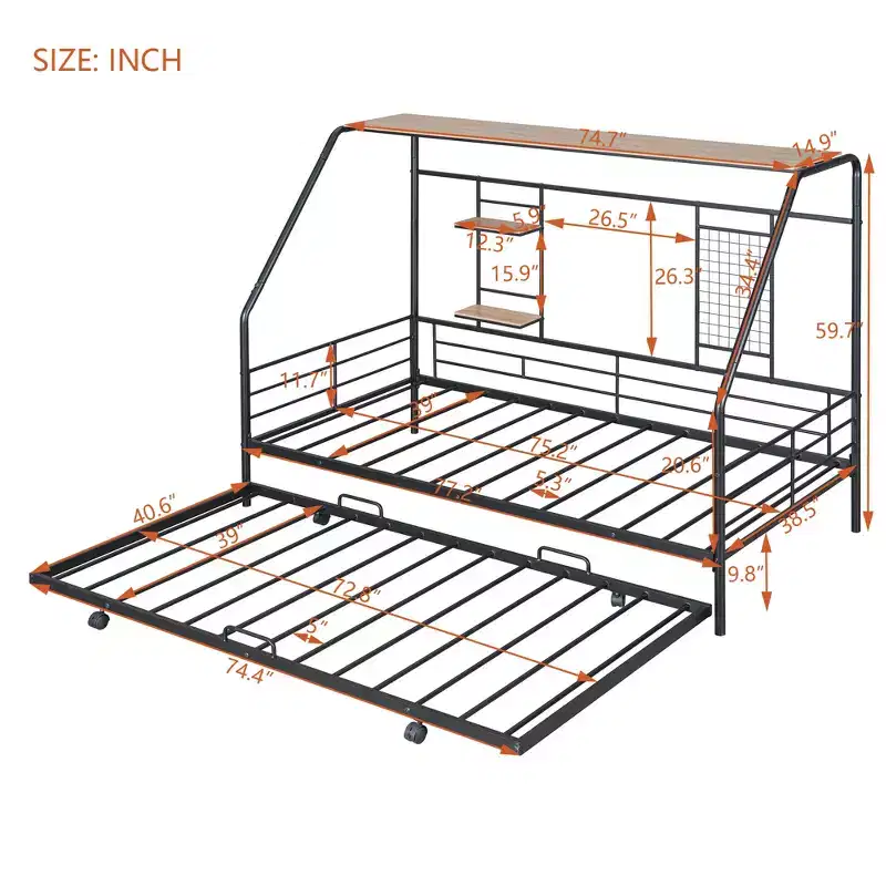 House Daybed with Trundle and Storage Shelf, Heavy Duty Bed Frame for Kids Teens Adults