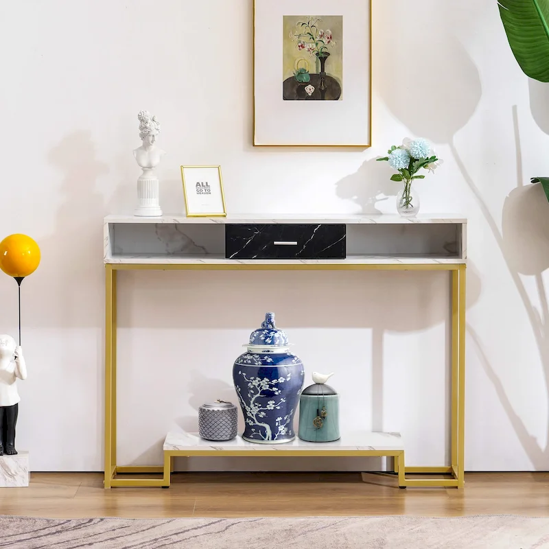 Gold Wood Nordic Console Table with Drawer & 2 Shelves