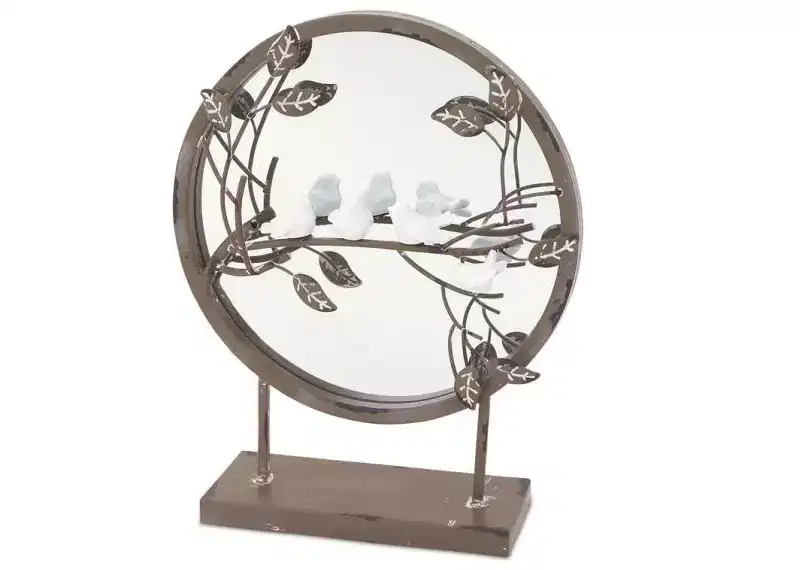 Melrose Round Metal Table Mirror with Perched Sparrows - 16