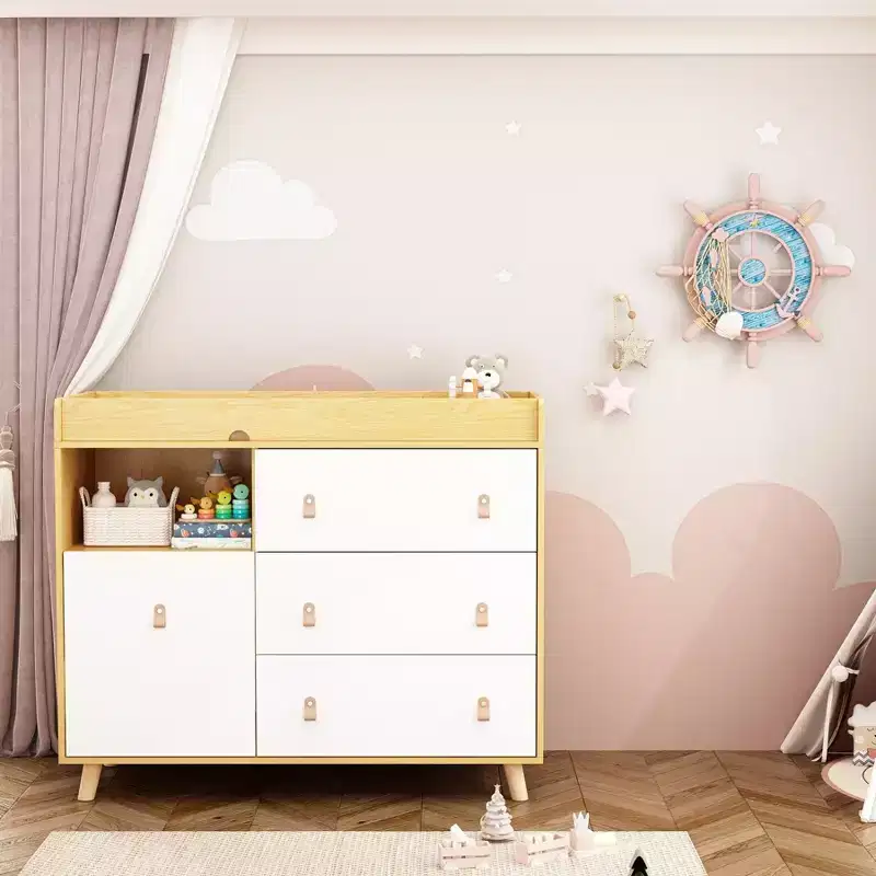 Famapy Baby Changing Table With leather Pulls Large Worktop Three Drawers Rich Storage Space Storage Cabinet
