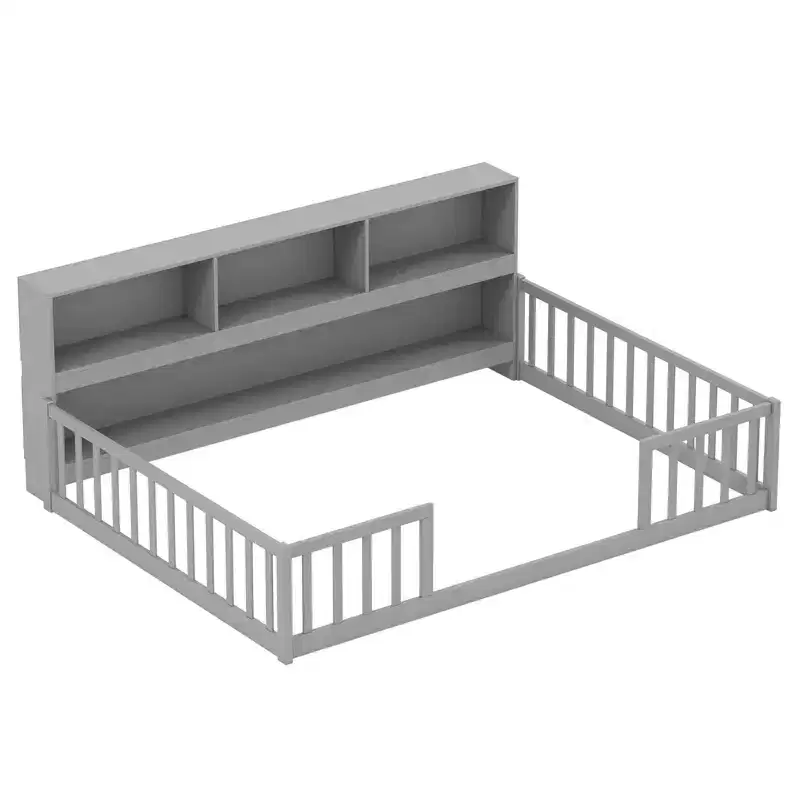Costway Twin/Full Size Montessori Floor Bed with Bookcase Storage Shelves & Safety Fence Rails White/Gray