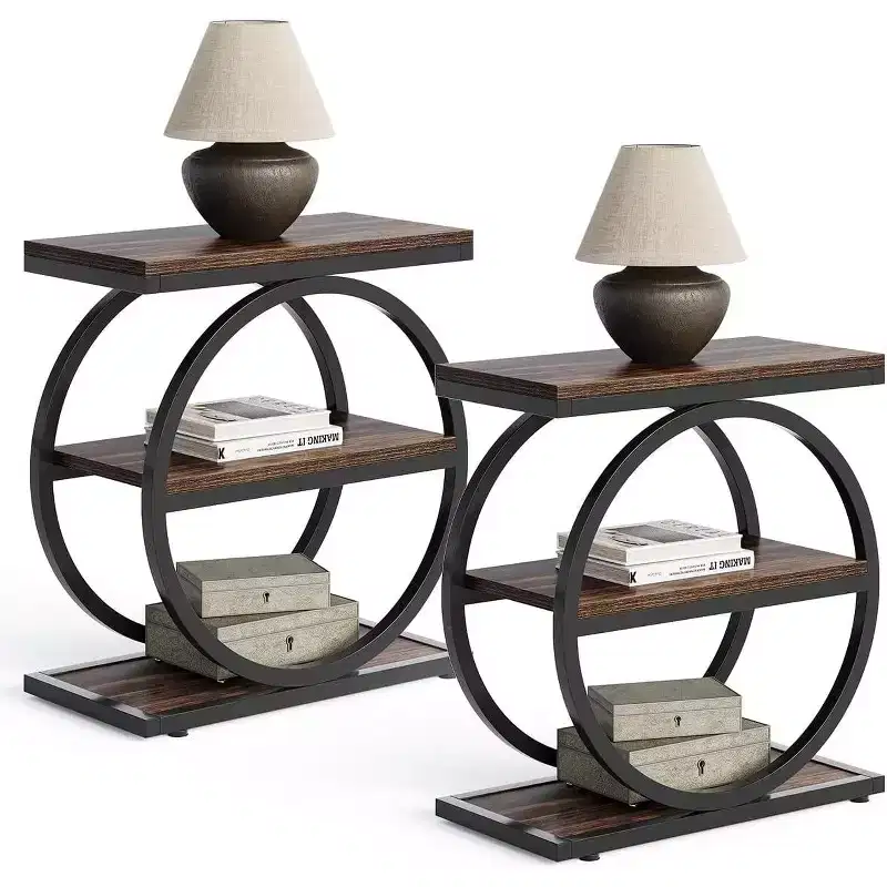 Lantine End Table Set, Bedside Table with 3 Tiers Shelves, 2PCS