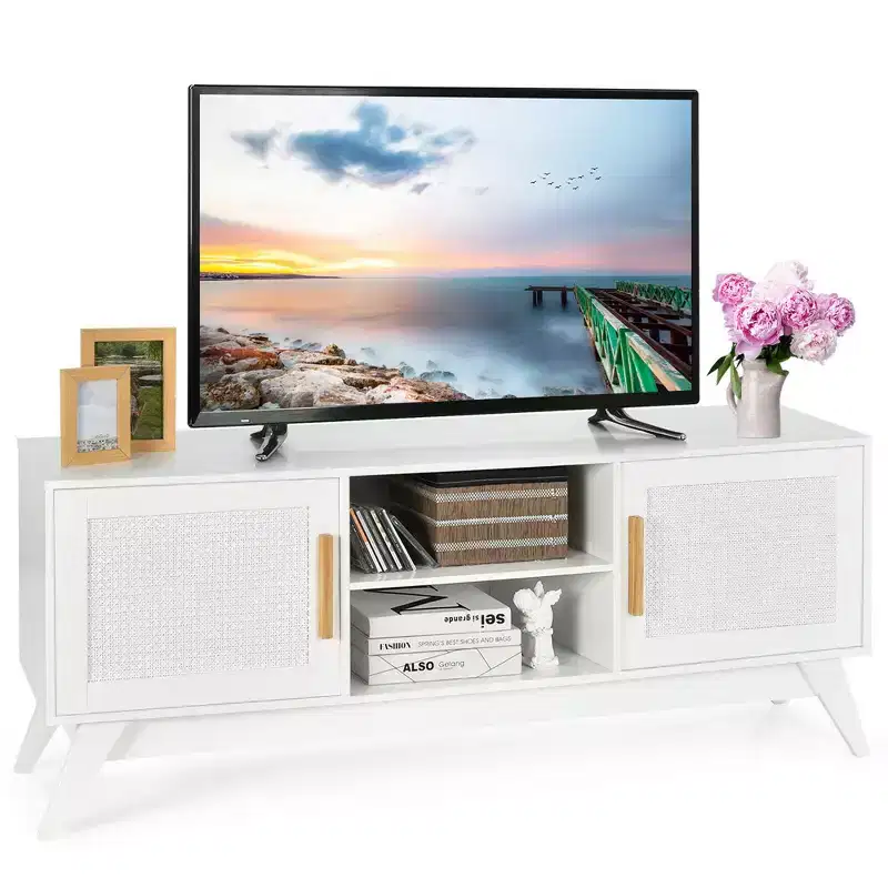 Costway TV Stand Entertainment Media Console w/ 2 Rattan Cabinets & Open Shelves