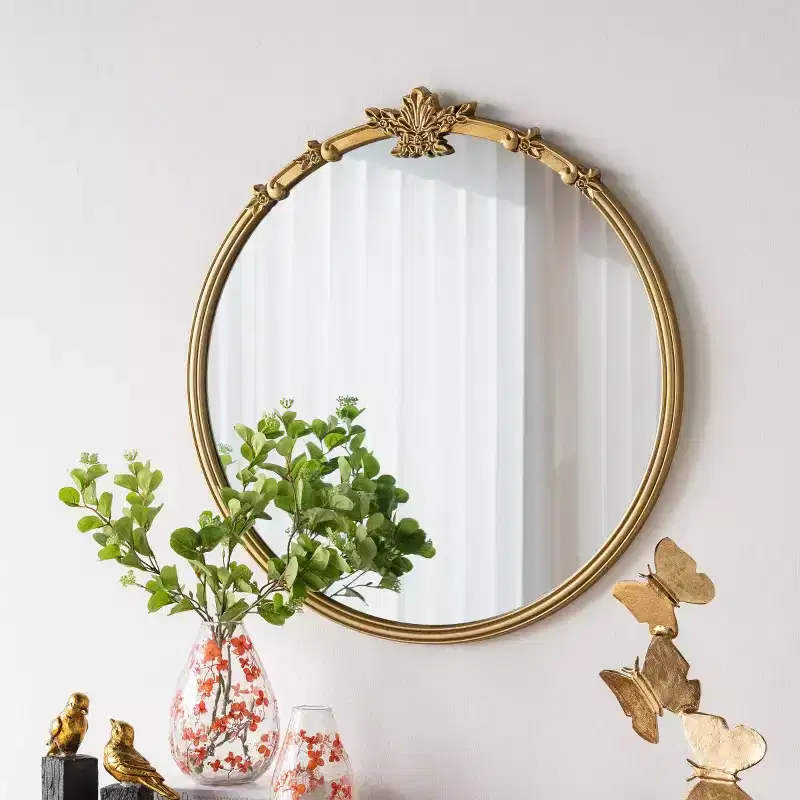 30 Vintage Gold Round Decorative Wall Mirror, Ornate Baroque Leaf Crested Mirror for Mantle, Entryway- Panipeachy