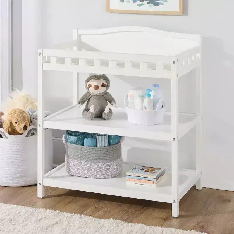 Baby Changing Table White - Raised Side Rails, Open Shelves, Water-Resistant Pad