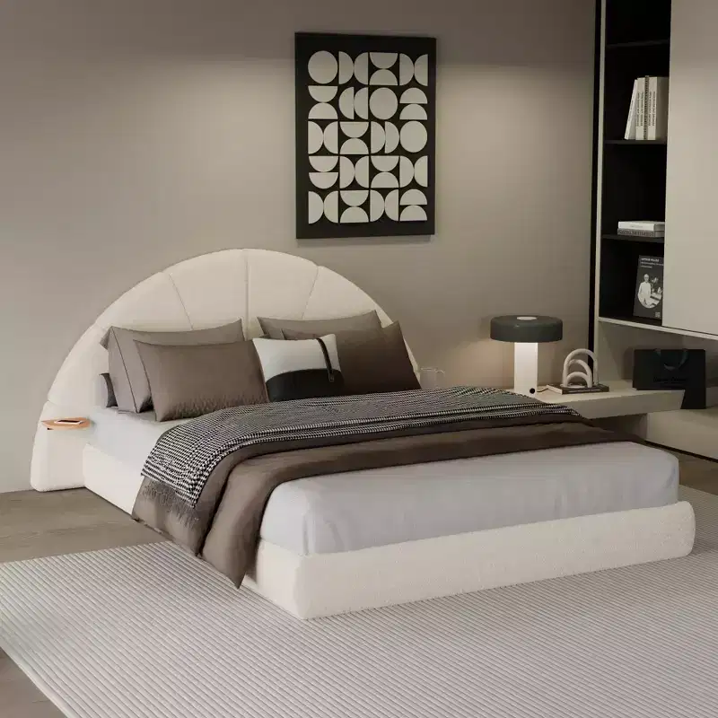 Beige Arched Boucle Upholstered Bed Frame with Built-In Side Table, Soft Texture and Stable Floor-Standing Design for Chic Bedrooms, Queen