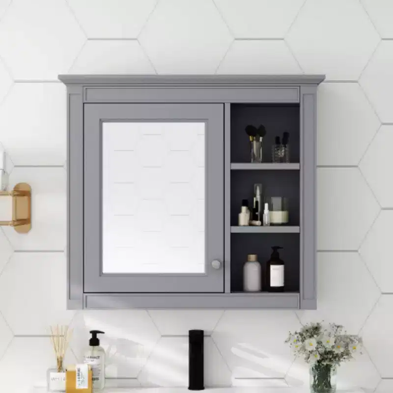 30x28 inch Gray Wall Mounted Bathroom Storage Medicine Cabinet with Mirror and 3 Open Shelves