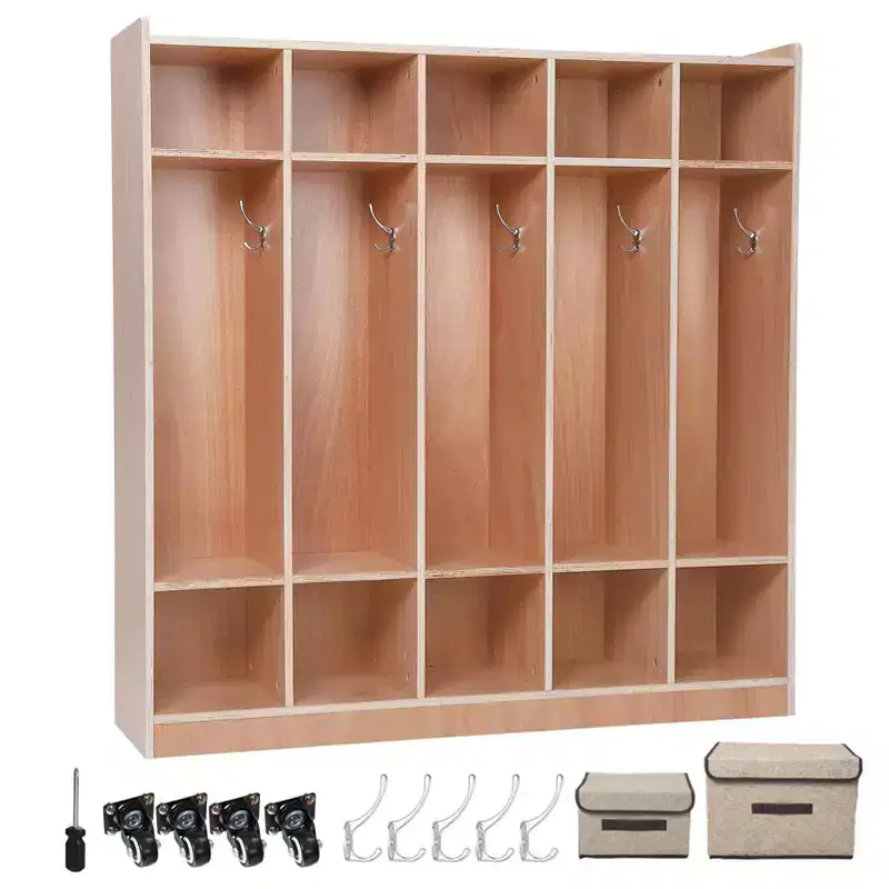 5-Section Classroom Coat Locker Glazed Finished, 10 Cubbies for Classrooms, Daycare Cubby with 4 casters, 5 Hooks and 2 Storage Boxes