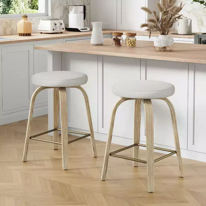 GDFStudio Trollpoe Modern Wood and Fabric Upholstered Swivel Bar Stools, Set of 2